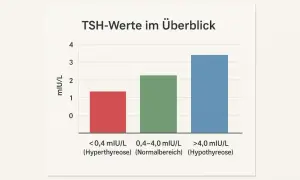 Wykres słupkowy pokazuje poziomy TSH: niski (<0,4 mIU/L, nadczynność tarczycy), normalny (0,4-4,0 mIU/L) i wysoki (>4,0 mIU/L, niedoczynność tarczycy).