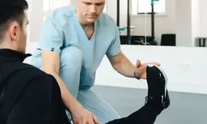 Fizjoterapeuta w jasnoniebieskim uniformie pomaga pacjentowi w ćwiczeniach rehabilitacyjnych.