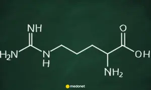Struktura chemiczna argininy, aminokwasu ważnego dla organizmu.