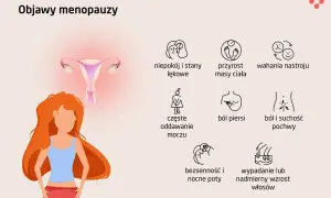 Ilustracja przedstawia objawy perimenopauzy: niepokój, przyrost masy ciała, wahania nastroju, częste oddawanie moczu, ból piersi, suchość pochwy, bezsenność i wypadanie włosów.