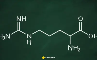 Struktura chemiczna argininy, aminokwasu ważnego dla organizmu.