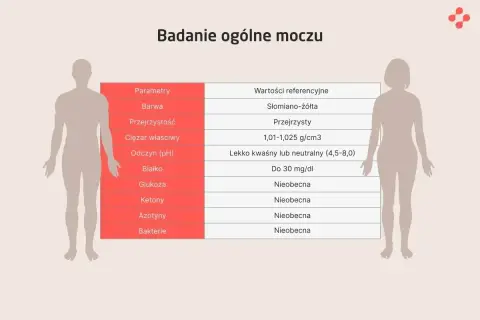 Tabela z badaniem ogólnym moczu, pokazująca parametry i wartości referencyjne. Azotyny w moczu powinny być nieobecne.