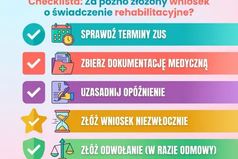Checklista: Sprawdź terminy ZUS, zbierz dokumentację medyczną, uzasadnij opóźnienie, złóż wniosek niezwłocznie lub odwołanie. Kluczowe kroki do świadczenia rehabilitacyjnego.