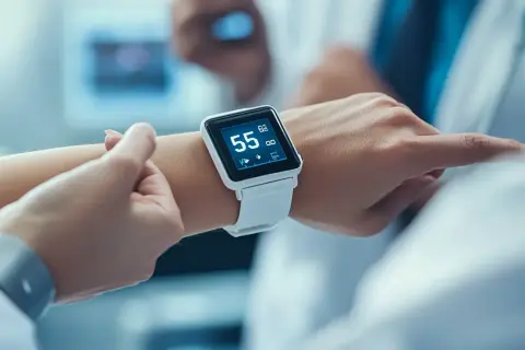 Biały smartwatch na nadgarstku pokazuje 55 uderzeń na minutę. To puls norma, monitorowany przez technologię.