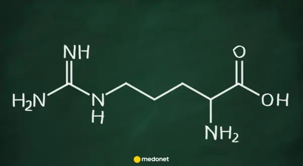 Struktura chemiczna argininy, aminokwasu ważnego dla organizmu.