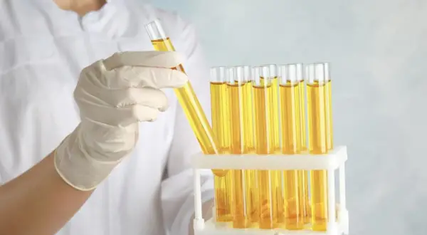 Rękawiczka laboratoryjna trzyma probówkę z żółtym płynem, obok stoją kolejne probówki. Analiza na obecność glukozy w moczu.