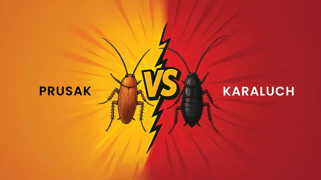 Prusak i karaluch, dwa owady, stają naprzeciw siebie. Zobacz, jak wygląda karaluch w tej graficznej konfrontacji.