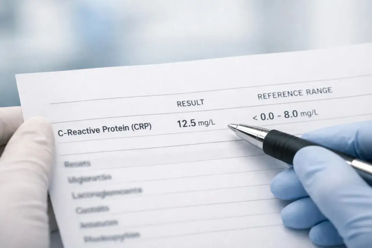 Wynik badania CRP (białka C-reaktywnego) wynosi 12,5 mg/L, co przekracza normę.
