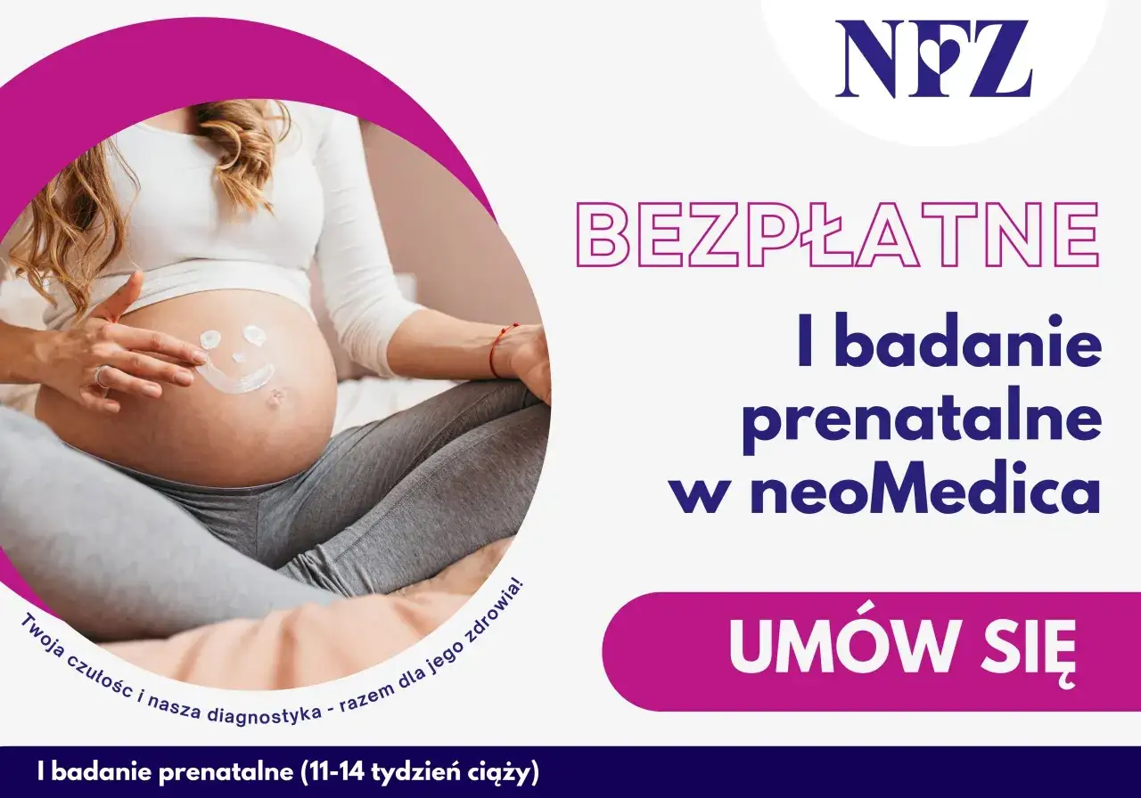 Ciężarna kobieta z uśmiechem na brzuchu. Bezpłatne badania prenatalne NFZ w neoMedica. Umów się!