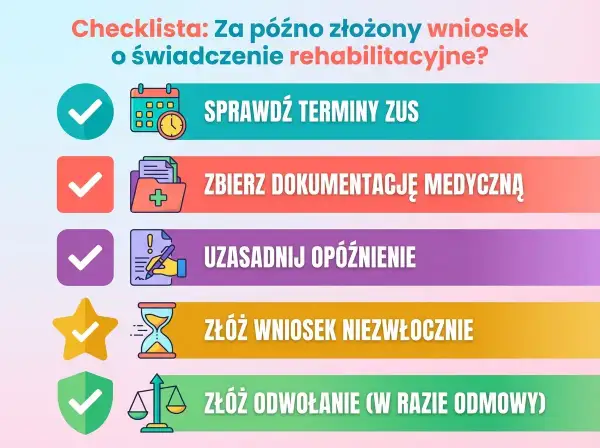 Checklista: Sprawdź terminy ZUS, zbierz dokumentację medyczną, uzasadnij opóźnienie, złóż wniosek niezwłocznie lub odwołanie. Kluczowe kroki do świadczenia rehabilitacyjnego.