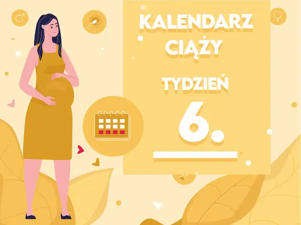 Kobieta w żółtej sukience, z widocznym brzuszkiem, symbolizuje 6 tydzień ciąży. Obok kalendarz i napisy "KALENDARZ CIĄŻY TYDZIEŃ 6.".